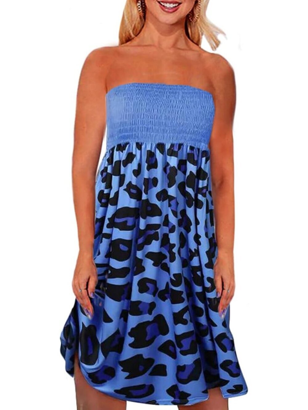 Women's Blue Leapard Strapless Smocked Tube Top for Summer Beach Boho Mini Dress
